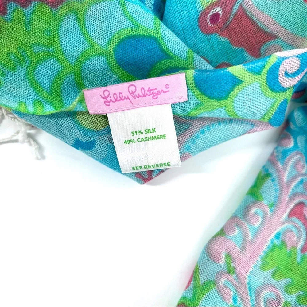Lilly Pulitzer NWT Murfee Scarf Checkin In Surf Blue Gecko Print Cashmere Silk